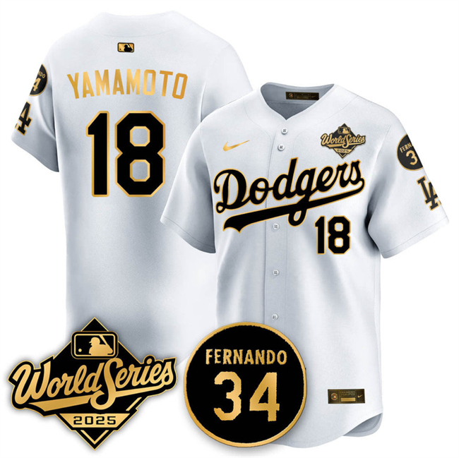 Men's White/Gold Los Angeles Dodgers #18 Yoshinobu Yamamoto 2025 World Series With No.34 Patch Limited Stitched Baseball Jersey